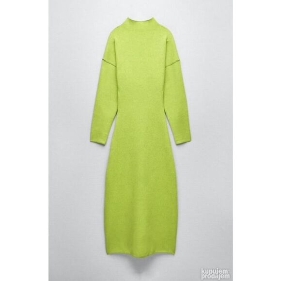 ZARA Neon Green Wool Viscose Blend Knit Midi Dress Long Sleeve Bodycon L - Picture 4 of 11